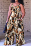 Khaki Casual Street Print Spaghetti Strap Loose Jumpsuits