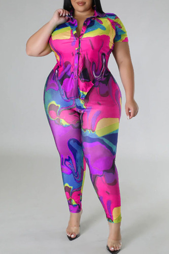 Rose Red Casual Street Print Patchwork Buckle Asymmetrical Turndown Collar Plus Size Two Pieces