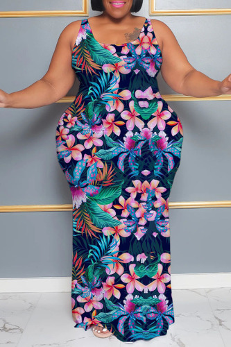 Purplish Blue Casual Print Patchwork U Neck Plus Size Dresses