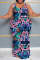 Purplish Blue Casual Print Patchwork U Neck Plus Size Dresses
