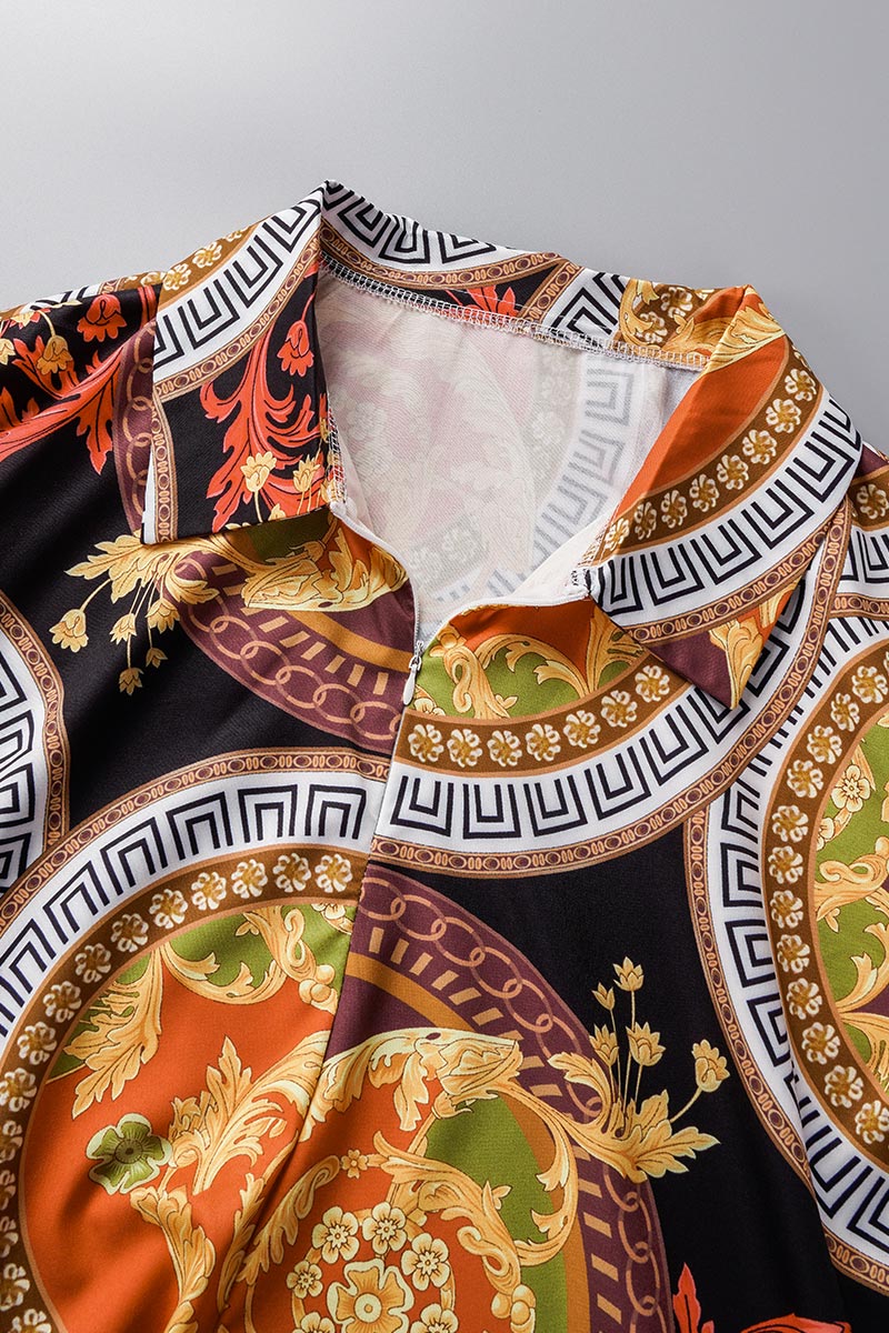 Fashion Print Patchwork Turndown Collar Waist Skirt Dresses