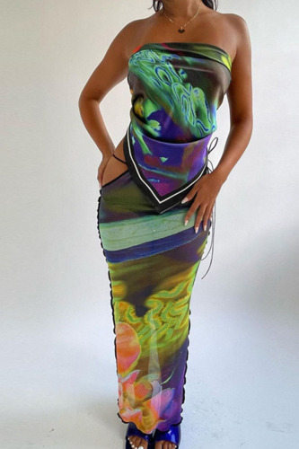 Colour Sexy Print Bandage Patchwork See-through Backless Asymmetrical Strapless Sleeveless Two Pieces