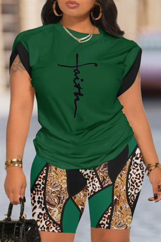 Green Casual Print Patchwork O Neck Short Sleeve Two Pieces