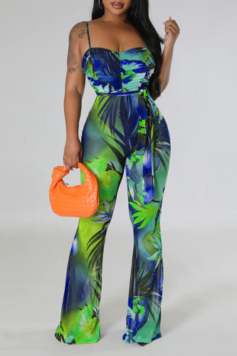 Blue Sexy Print Bandage Patchwork Spaghetti Strap Regular Jumpsuits
