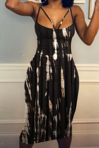 Black Sexy Casual Print Spaghetti Strap Wrapped Skirt Plus Size Dresses