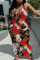 Red Sexy Daily Print Graffiti V Neck Wrapped Skirt Plus Size Dresses