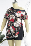 Camouflage Sexy Casual Print Patchwork One Shoulder Short Sleeve Two Pieces