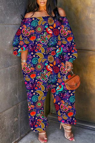Dark Blue Casual Print Patchwork Off the Shoulder Regular Jumpsuits