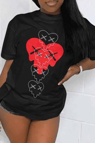 Black Street Print Patchwork O Neck T-Shirts