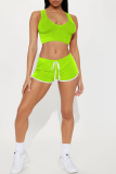 Fluorescent Green Casual Sportswear Solid Basic V Neck Sleeveless Two Pieces