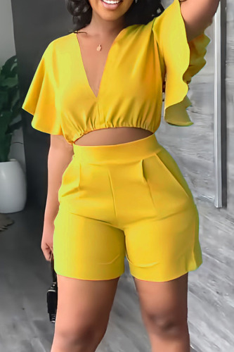 Yellow Red Deep V Neck Ruffled Short Sleeve Crop Top and Shorts Casual Two Piece Shorts Set