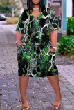 Black Green Casual Print Basic V Neck Short Sleeve Dress
