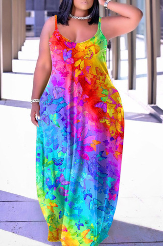 Colour Sexy Casual Print Backless Spaghetti Strap Long Dress Dresses