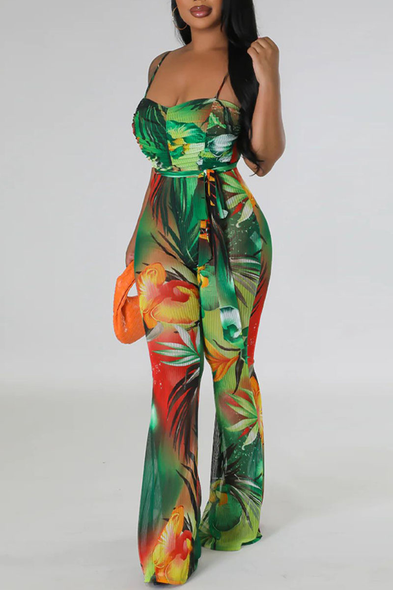 Wholesale Green Sexy Print Bandage Patchwork Spaghetti Strap Regular Jumpsuits K77843 2 Online 9315