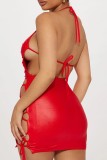Red Sexy Solid Bandage Hollowed Out Backless Halter Sleeveless Dress Dresses