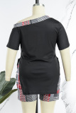 Grey Sexy Casual Print Patchwork One Shoulder Short Sleeve Two Pieces