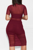 Burgundy Sexy Solid Patchwork See-through Fold O Neck Pencil Skirt Dresses(Three Pieces)