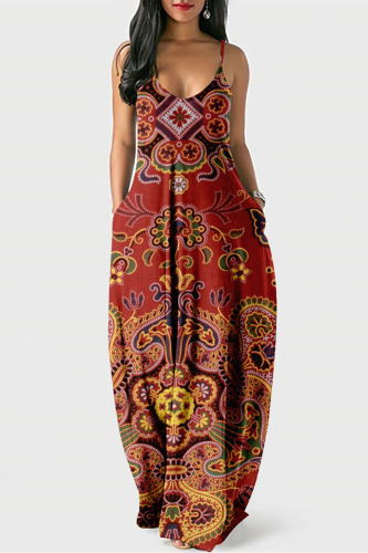 Rust Red Casual Street Print U Neck Lantern Skirt Dresses