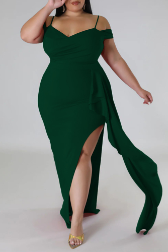 Green Sexy Elegant Solid Patchwork Flounce Slit Spaghetti Strap Irregular Dress Plus Size Dresses