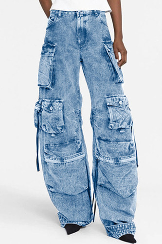 Blue Casual Solid Patchwork High Waist Regular Denim Jeans