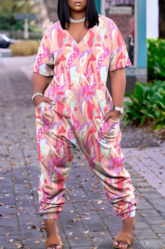 Pink Casual Print Patchwork V Neck Regular Jumpsuits