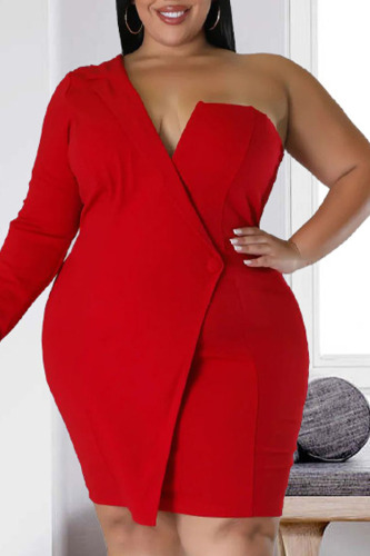 Red Casual Elegant Solid Patchwork V Neck Wrapped Skirt Plus Size Dresses