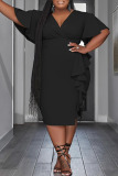 Black Casual Solid Patchwork Flounce Asymmetrical V Neck One Step Skirt Plus Size Dresses