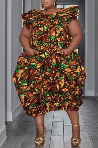 Red Street Print Patchwork O Neck Irregular Dress Plus Size Dresses