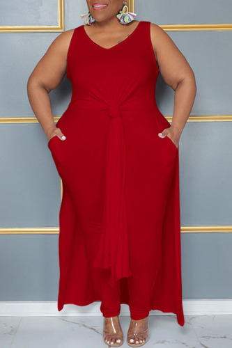 Red Casual Solid Patchwork Slit V Neck Plus Size Two Pieces