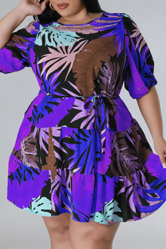 Blue Casual Print Bandage Patchwork O Neck A Line Plus Size Dresses