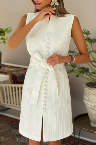 White Casual Solid Slit With Belt O Neck Sleeveless Dress Dresses