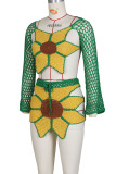 Green Yellow Sexy Solid Bandage Hollowed Out Patchwork Backless V Neck Long Sleeve Two Pieces