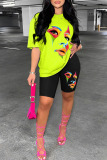 Fluorescent Green Casual Print Basic O Neck Short Sleeve Two Pieces
