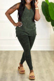 Ink Green Casual Print Patchwork V Neck Two Pieces