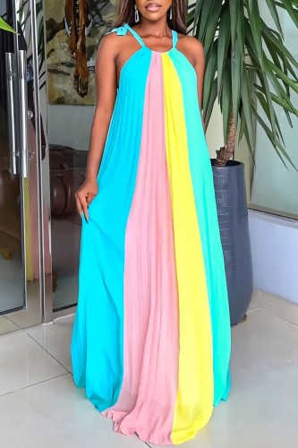 Blue Sexy Casual Patchwork Bandage Backless Contrast Pleated O Neck Long Dress Dresses