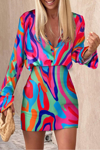 Colour Sexy Casual Work Print Buttons V Neck Long Sleeve Two Pieces