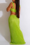 Green Sexy Solid Backless Slit Spaghetti Strap Sleeveless Two Pieces