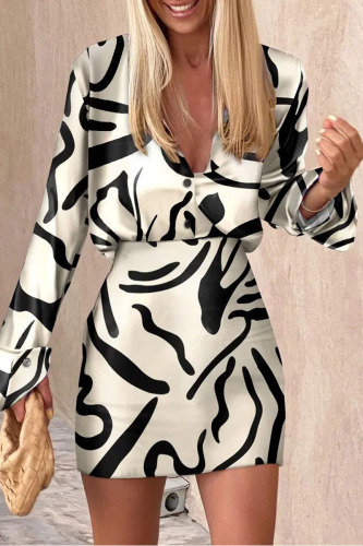 Black Sexy Casual Work Print Buttons V Neck Long Sleeve Two Pieces