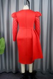 Red Casual Solid Patchwork O Neck One Step Skirt Dresses
