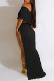 Black Sexy Casual Solid Bandage Off the Shoulder Short Sleeve Two Pieces