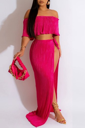 Red Sexy Casual Solid Bandage Off the Shoulder Short Sleeve Two Pieces