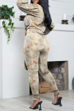 Apricot Casual Print Frenulum V Neck Long Sleeve Two Pieces
