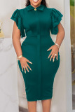 Green Elegant Solid Patchwork Flounce Turndown Collar Pencil Skirt Dresses
