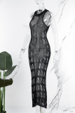 Black Sexy Solid Hollowed Out See-through O Neck Long Dress Dresses