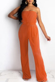 Rose Red Sexy Solid Patchwork Fold Strapless Straight Jumpsuits