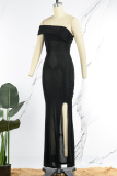 Black Sexy Solid Backless Slit Oblique Collar Long Dress Dresses