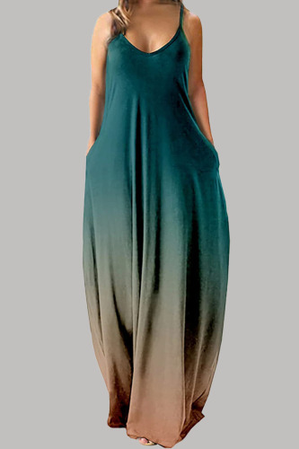 Blue Coffee Casual Simplicity Gradual Change Solid Color Spaghetti Strap Straight Dresses