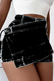 Deep Blue Street Solid Patchwork Asymmetrical High Waist Denim Skirts