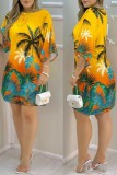 Yellow Casual Print Basic O Neck A Line Dresses