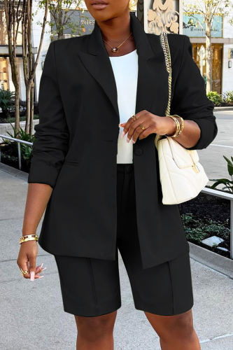 Black Casual Solid Basic Two Lapel Long Sleeve Two Pieces